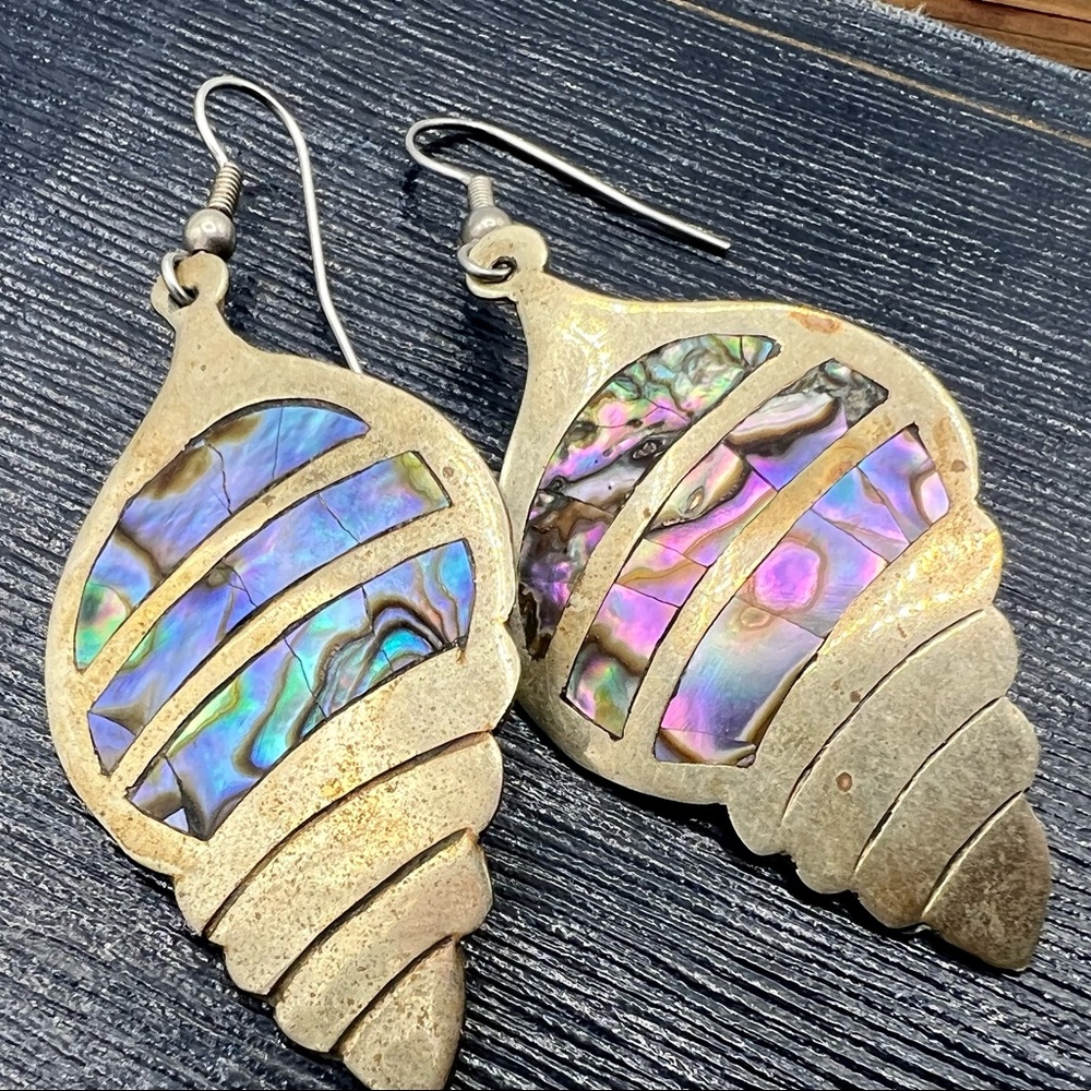 Vintage silver ALPACA MEXICO abalone shell earrings dangles - Picture 10 of 10